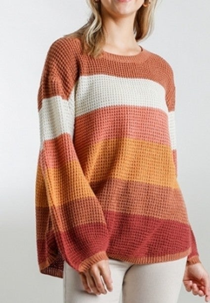 Brown Waffle Color Block Sweater