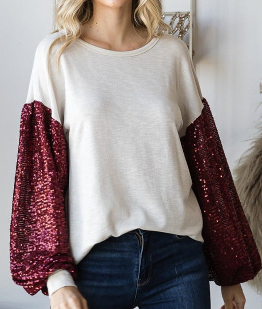 Red Sequined Baloon Sleeve Top