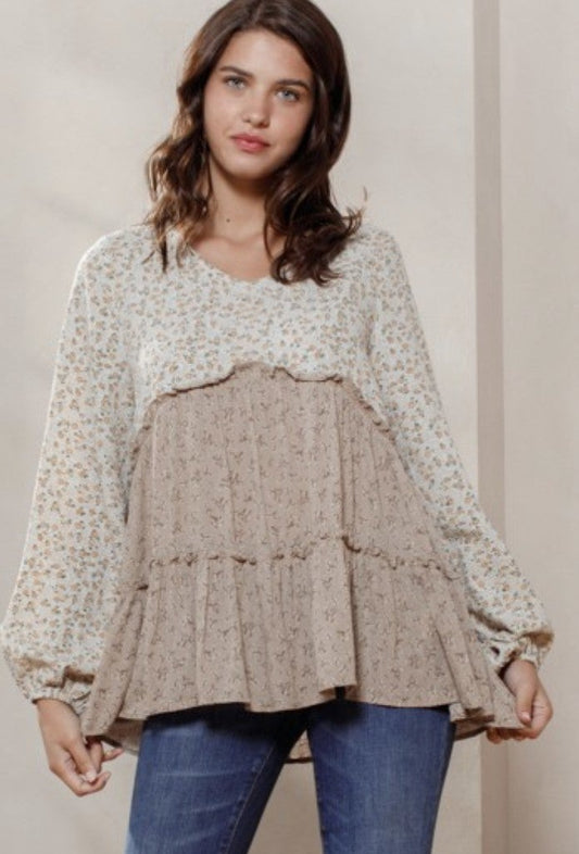 Taupe Combo Babydoll Top