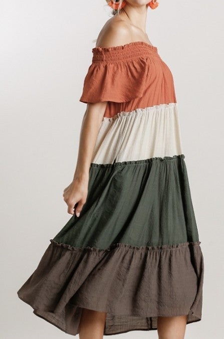 Colorblocked Off Shoulder Midi Dress